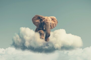 Majestic and ethereal elephant resting peacefully on a fluffy cloud in a surreal and dreamlike composite wildlife fantasy in the tranquil african sky - Powered by Adobe