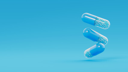 Three blue transparent capsules, pills with blue granules inside float on blue background. Medicinal treatment, tablet, cure concept. Place for text. 3d render illustration