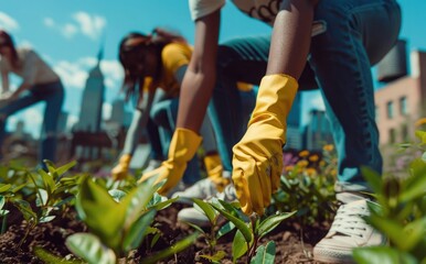Close up of a group of young black people planting trees in the city, wearing yellow gloves and jeans with sneakers, on a sunny day in the spring season, 