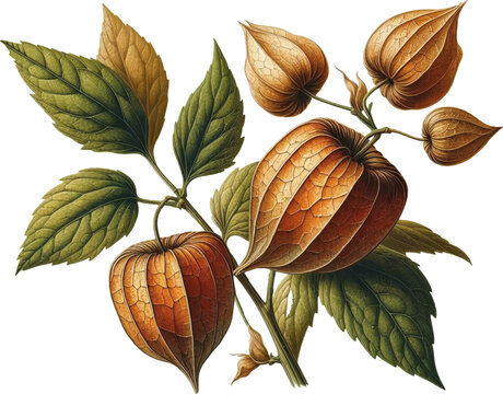 watercolor old style botanical illustration of physalis