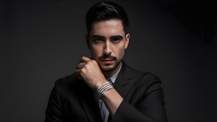 Obraz premium elegant gentleman with intricate silver valueable precious hand bracelet on