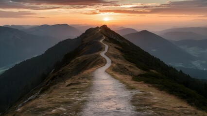 winding mountain path rising above a breathtaking landscape at sunset