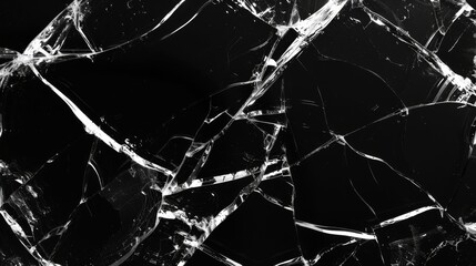 Broken glass cracks texture on black background. Sharp Lines on Clear Glass.