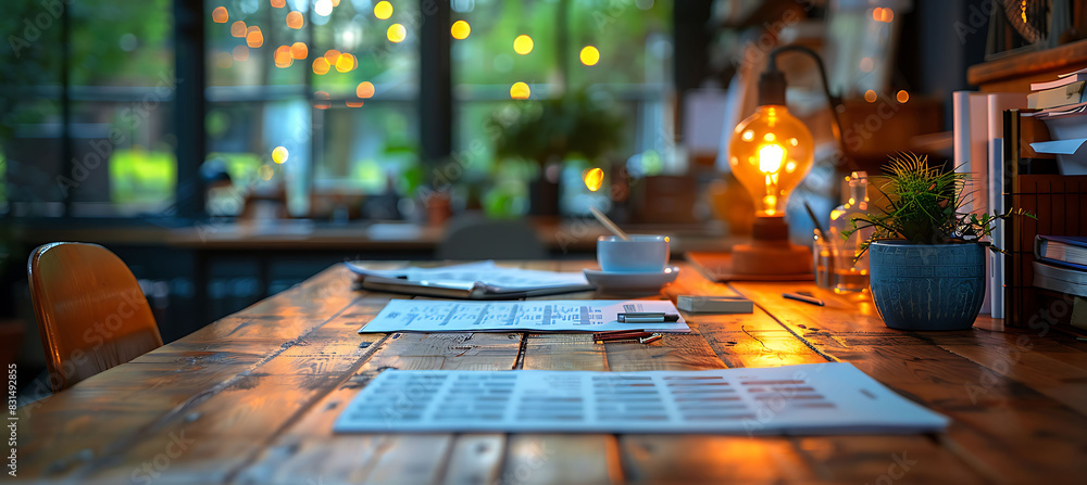 Poster closeup of office ambiance with a blurred background showing desks papers and office supplies out of