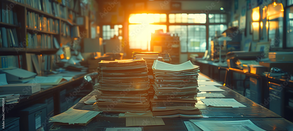 Poster closeup of office ambiance with a blurred background showing desks papers and office supplies out of