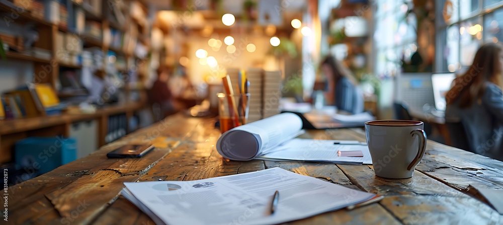 Poster closeup of office ambiance with a blurred background showing desks papers and office supplies out of