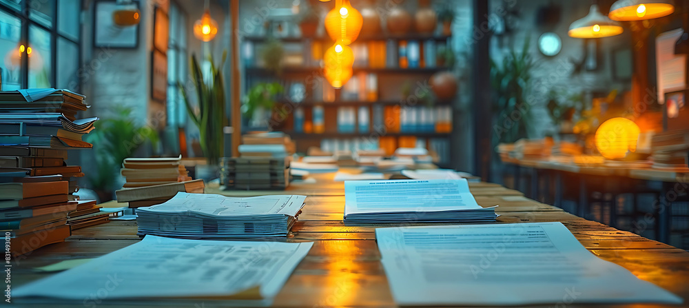Aufkleber closeup of office environment with a blurred background showing desks papers and office supplies out