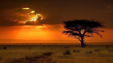 Fototapeta premium Stunning African Sunset with Silhouetted Acacia Tree on the Savannah with Orange and Red Sky