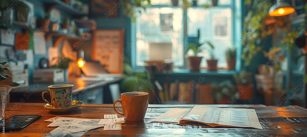 Poster closeup of office environment with a soft focus showing desks papers and office supplies slightly bl