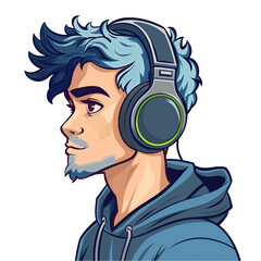 young man with blue hair wearing headphones . png . clip art . vector cartoon art style . remove background 