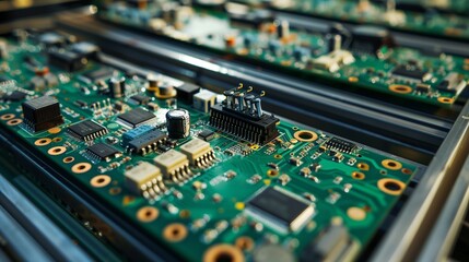 Obraz premium Photograph of electronic components, assembled in an industrial environment. Trays of circuit boards in the factory.