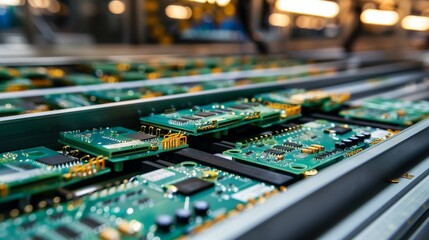 Fototapeta premium Photograph of electronic components, assembled in an industrial environment. Trays of circuit boards in the factory.