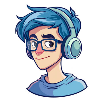 recommend clip art: young man with blue hair wearing glasses and headphones . png . clip art . vector cartoon art style . remove background 