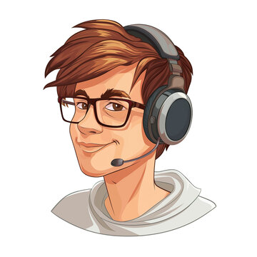 recommend clip art: young man with brown hair wearing headphones and glasses . png . clip art . vector cartoon art style . remove background 