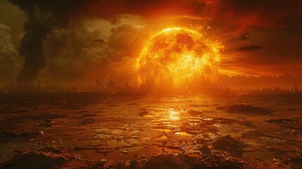 The sun mercilessly burns all the remnants of the atmosphere, mercilessly heating up the cracked earth's crust. I can't breathe. World warming concept, climate change.