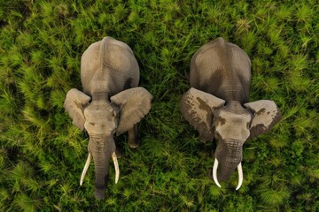 Topdown shot of a pair of elephants amidst vibrant green foliage, showcasing their natural habitat