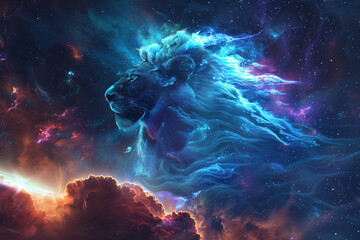 A lion with a blue mane is standing in a blue sky