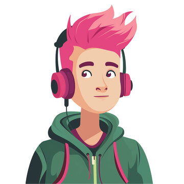 recommend clip art: young man with pink hair wearing headphones . png . clip art . vector cartoon art style . remove background 