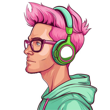recommend clip art: young man with pink hair wearing headphones and glasses . png . clip art . vector cartoon art style . remove background 