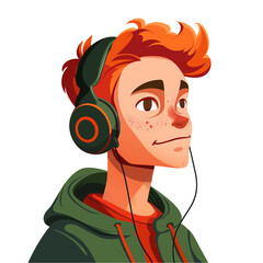 young man with red hair wearing headphones . png . clip art . vector cartoon art style . remove background 