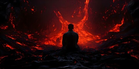 Symbolism of a Man in Lava: Representing Business Burnout, Stress, Mental Health Struggles, and Change. Concept Business Burnout, Stress, Mental Health Struggles, Change, Lava Symbolism