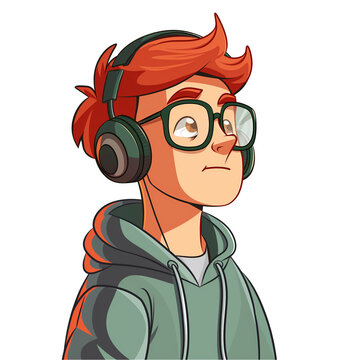 recommend clip art: young man with red hair wearing glasses and headphones . png . clip art . vector cartoon art style . remove background 