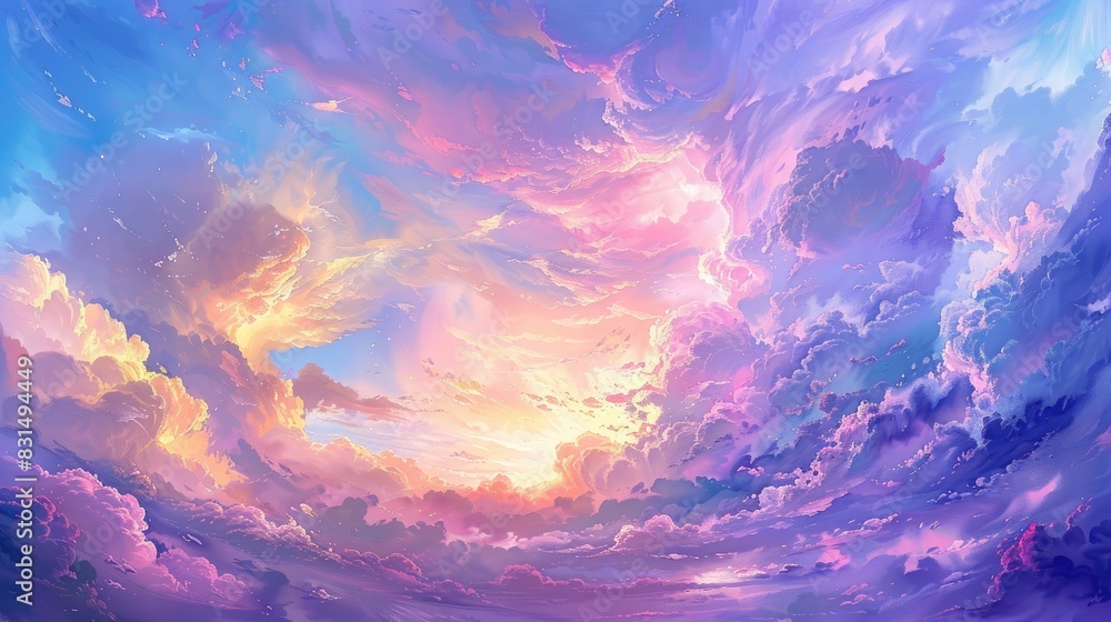 Wall mural enchanting oil painting of a breathtaking sky clouds and sunset mesmerizing wallpaper with light col