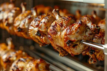 Grilling whole chickens in rotisserie machine, closeup 