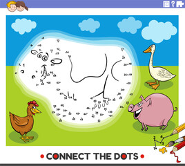 connect the dots game with cartoon farm animal character