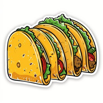 recommend clip art: cheese and lettuce taco sticker, cartoon, Holographic, diecut, no background, white outline --style raw --stylize 250 Job ID: 3b2ef85d-6796-4036-8368-03ab137b5a65
