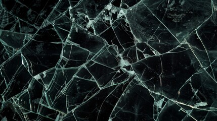 Broken glass cracks texture on black background. Sharp Lines on Clear Glass.