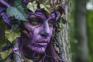 Portrait of a mystical forest nymph with intricate purple makeup and leafy adornments