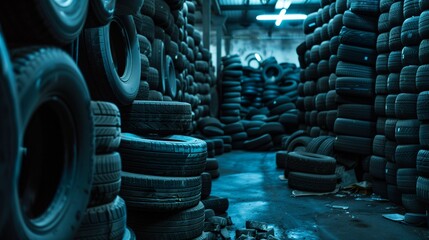 Photograph of rubber tires, stacked in an industrial environment. Stacks of automotive tires in the factory.