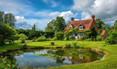 Fototapeta premium English traditional house with a large green garden and a pond in front