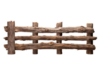 A rustic wooden fence with three horizontal rails and uneven posts.  The fence is weathered and worn, giving it a vintage look.