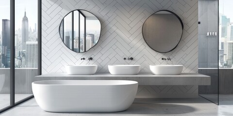 Sleek and modern bathroom with two sinks with mirrors, bathtub and tiled walls
