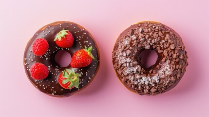 Over pink background top view of a chocolate donut and a strawberry donut