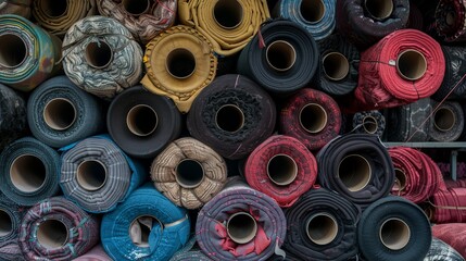 Fototapeta premium Photograph of textile rolls, fabric, stacked in an industrial environment. Rolls of dyed fabric in the factory.