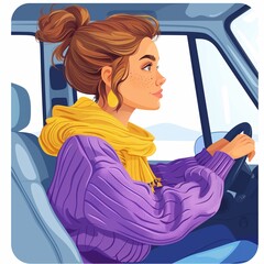 Cartoon. A woman is driving a car. High quality illustration. Generated by AI