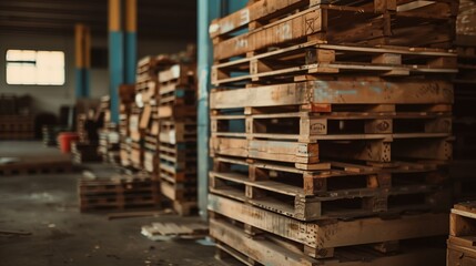 Photograph of wooden pallets, arranged in an industrial environment. Pallets of processed wood in the factory.