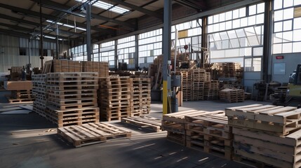Naklejka premium Photograph of wooden pallets, arranged in an industrial environment. Pallets of processed wood in the factory.