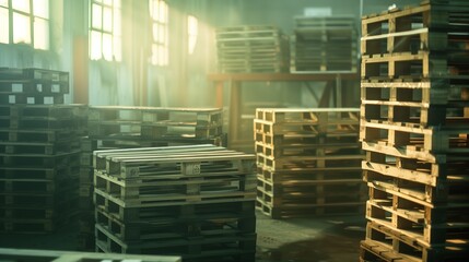 Photograph of wooden pallets, arranged in an industrial environment. Pallets of processed wood in the factory.