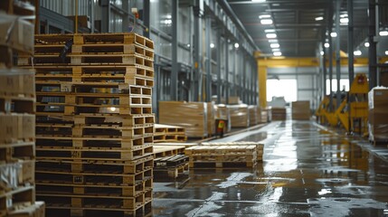 Naklejka premium Photograph of wooden pallets, arranged in an industrial environment. Pallets of processed wood in the factory.