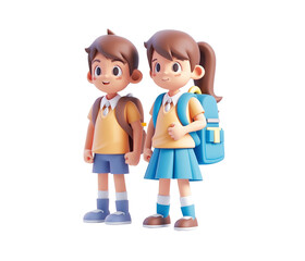 Fototapeta premium 3d render illustration of two kids in school uniform. Transparent background