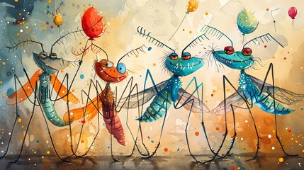 Illustration of mosquitoes having a birthday celebration.
