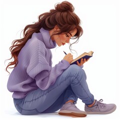 Cartoon. A woman writes her thoughts in a diary. High quality illustration. Generated by AI
