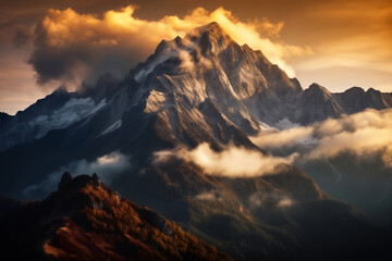 a beautiful landscape with mountains, sunlight , dramatic sky with clouds, beautiful nature for background