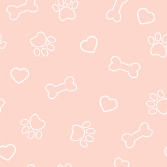 Cute seamless pattern with pet paw, bone and hearts. Vector illustration on pink background. It can be used for wallpapers, wrapping, cards, patterns for clothes and other.