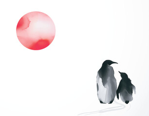 Minimalist ink painting of adult penguine with its chick and big red sun. Traditional Japanese ink wash painting sumi-e