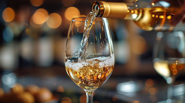 A glass of white wine is poured into a wine glass
